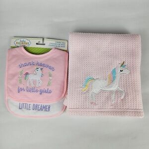 Baby Blanket with Unicorn Embroided and 3 Bibs